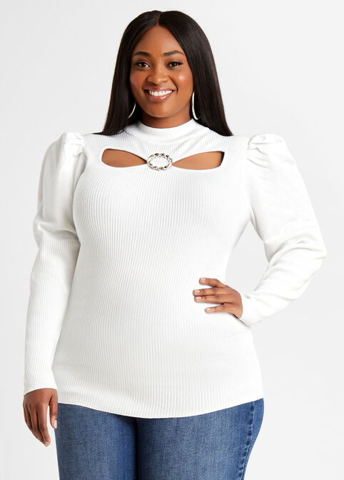 Ring Bow Cutout Mock Neck Sweater, White image number 0