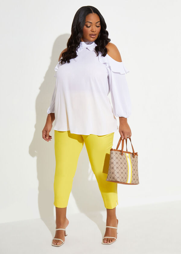 Ruffle Trimmed Cold Shoulder Top, White image number 0