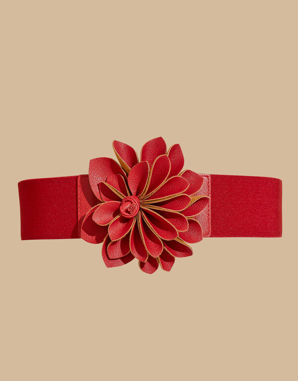 Flower Faux Leather Stretch Belt, Barbados Cherry image number 1