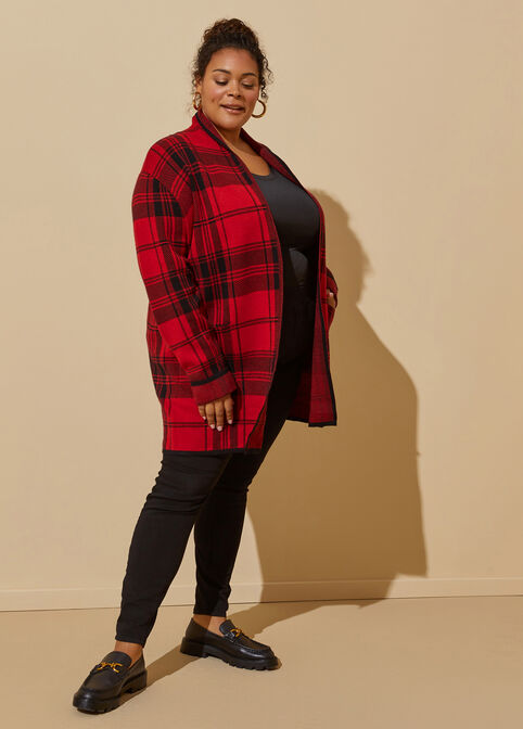 Plaid Open Front Cardigan, Red image number 0