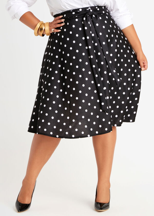 Dot Belted Knit A Line Skirt, White Black image number 0
