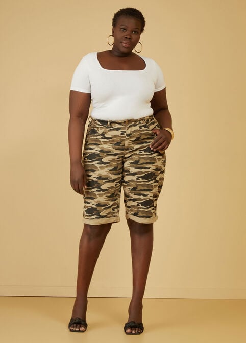 Camo Cuffed Denim Bermuda Shorts, Tan image number 2