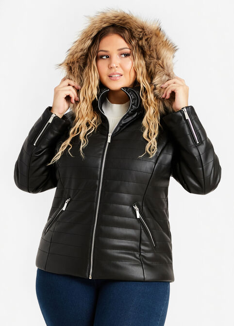 Faux Leather & Fur Trim Coat, Black image number 0