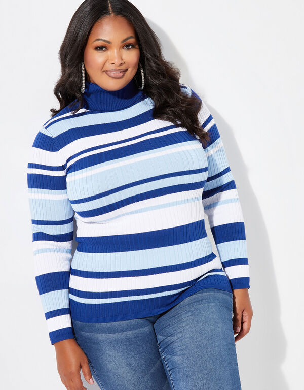 Striped Ribbed Turtleneck Sweater, Sodalite image number 0