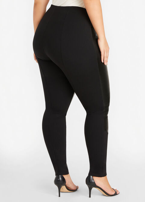 Faux Leather Front Knit Leggings, Black image number 1