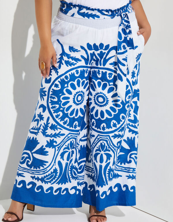 Printed Cotton Wide Leg Pants, White image number 0