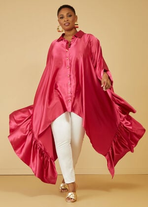Drama Sleeved Satin Shirt, Pink Peacock image number 0