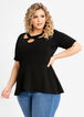 Plus Size Solid Cutout Neck Elbow Sleeve Pique Peplum Knit Top image number 0