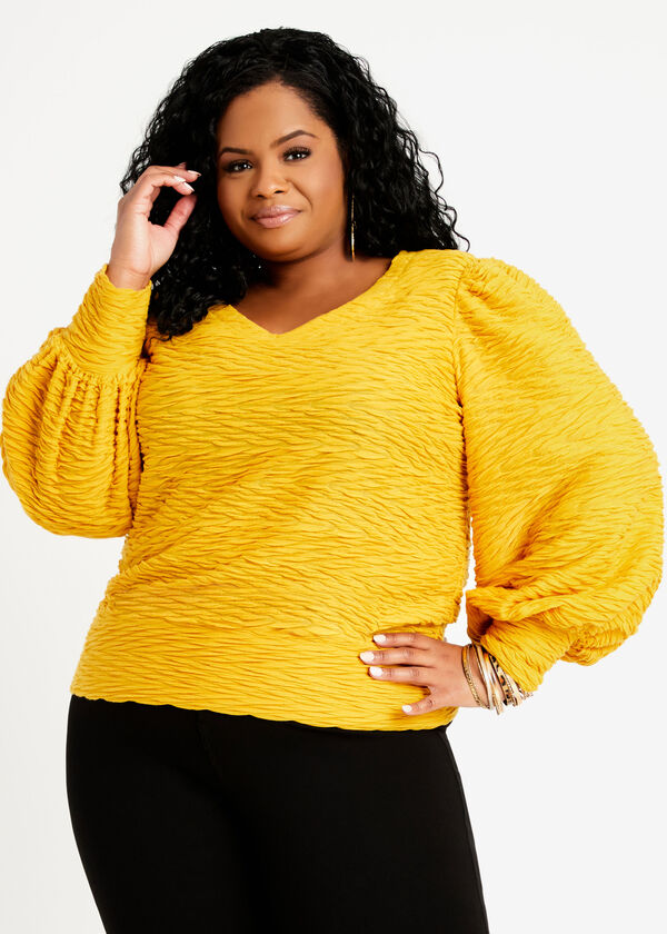 Textured V Neck Puff Sleeve Top, Nugget Gold image number 0