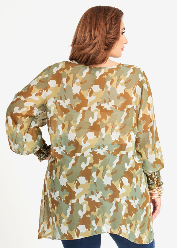 Camo Smocked Cuff Blouse, Deep Depths image number 1