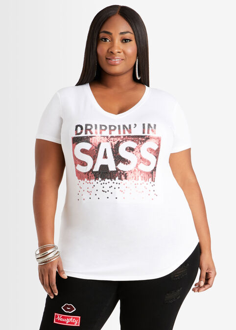 Sequin Drippin In Sass Tee, White image number 0