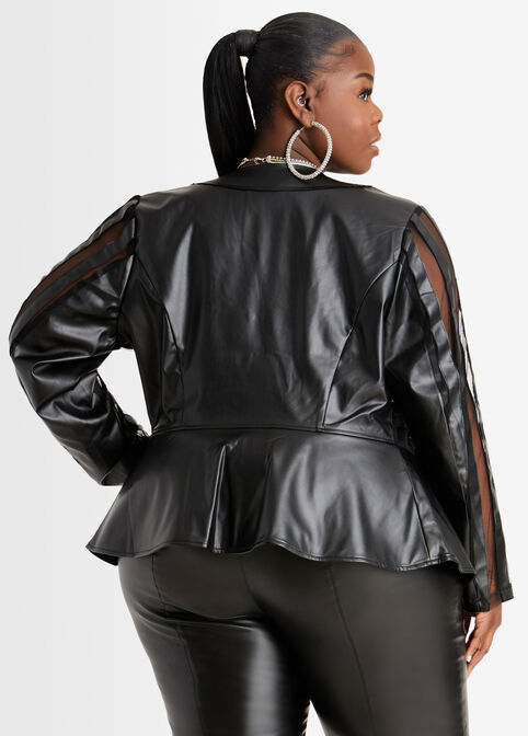 Faux Leather & Mesh Peplum Jacket, Black image number 1
