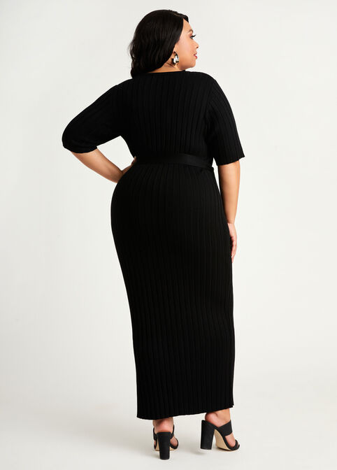 Belted Ribbed Bodycon Maxi Dress, Black image number 1