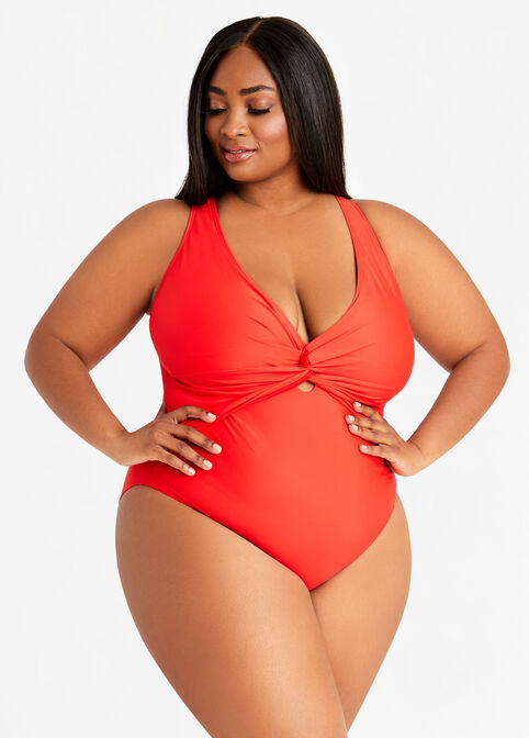 Nicole Miller Red Plunge 1PC Swim, Red image number 0