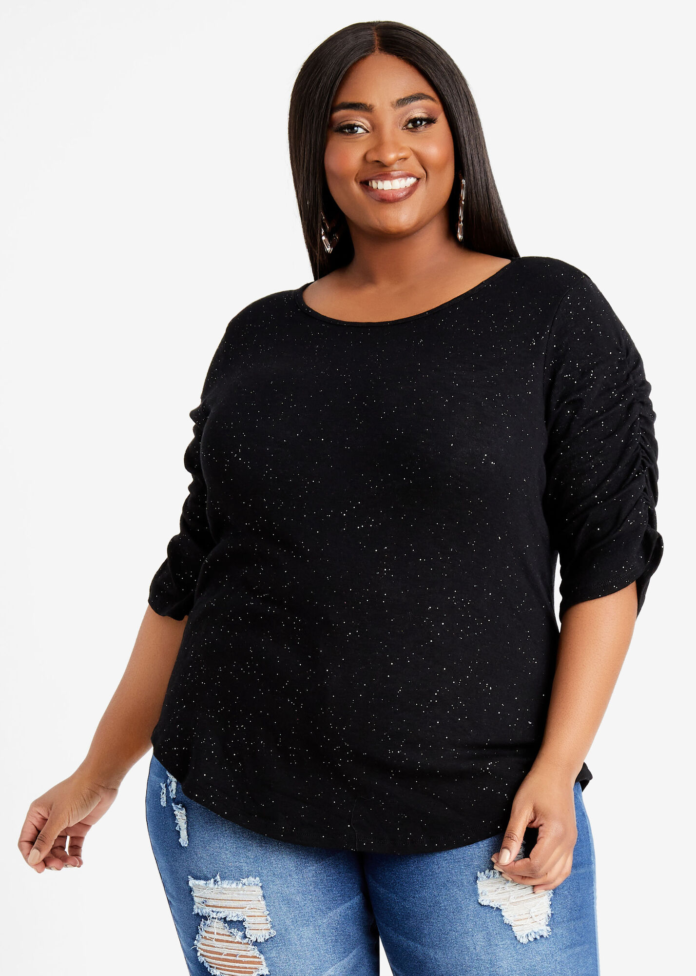 Plus Size Glitter Knit Top Plus Size Short Sleeves Cotton Stretch Top