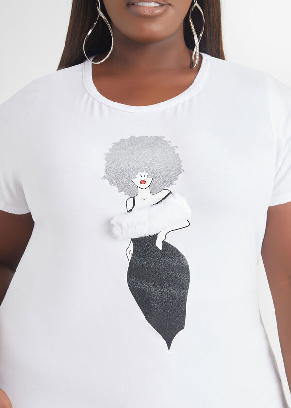 Faux Fur Embellished Graphic Tee, White image number 2