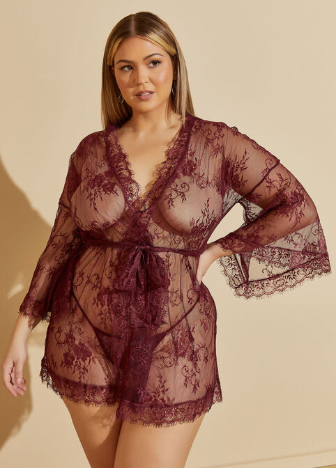 Lace Robe And Thong Set, Burgundy image number 0