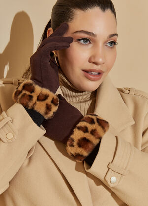 Animal Faux Fur Trimmed Gloves, Brown image number 0