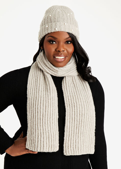 Faux Pearl Scarf & Hat Gift Set, Grey image number 0