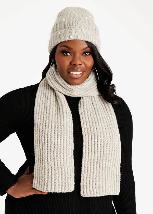 Holiday Gift Set Pearl Embellished Cable Knit Hat & Scarf Cozy 2pc Set