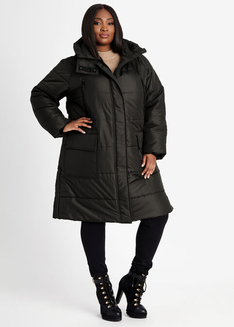 Best Plus Size Outerwear Quilted Hooded Cargo Pocket Long Puffer Coats image