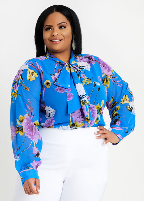 Floral Sheer Tie Neck Button Up Top, Victoria Blue image number 2