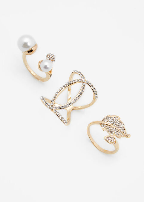 Gold Pave & Faux Pearl Ring Trio, Gold image number 0