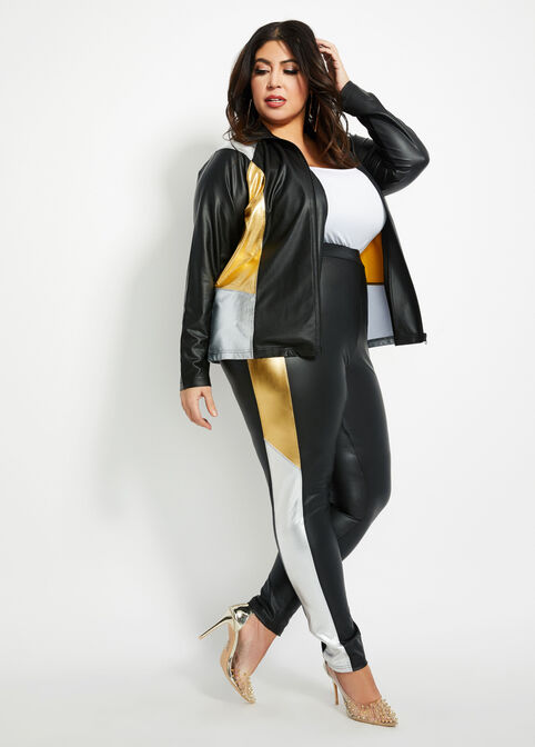 Colorblock Faux Leather Legging, Black Combo image number 2