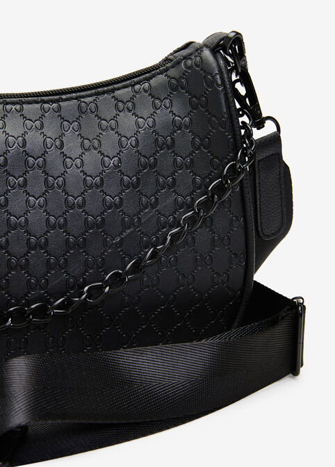 Embossed Faux Leather Shoulder Bag, Black image number 3