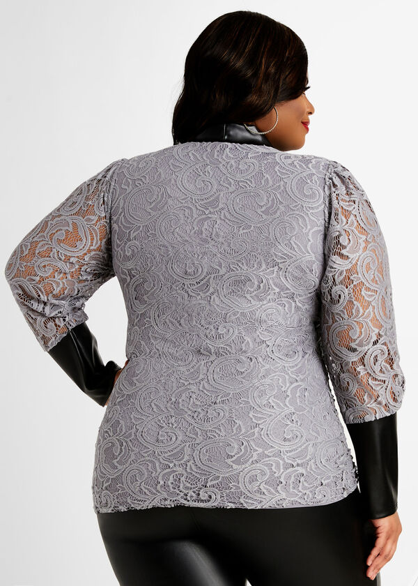 Lace & Faux Leather Tie Neck Top, Silver Filigree image number 1