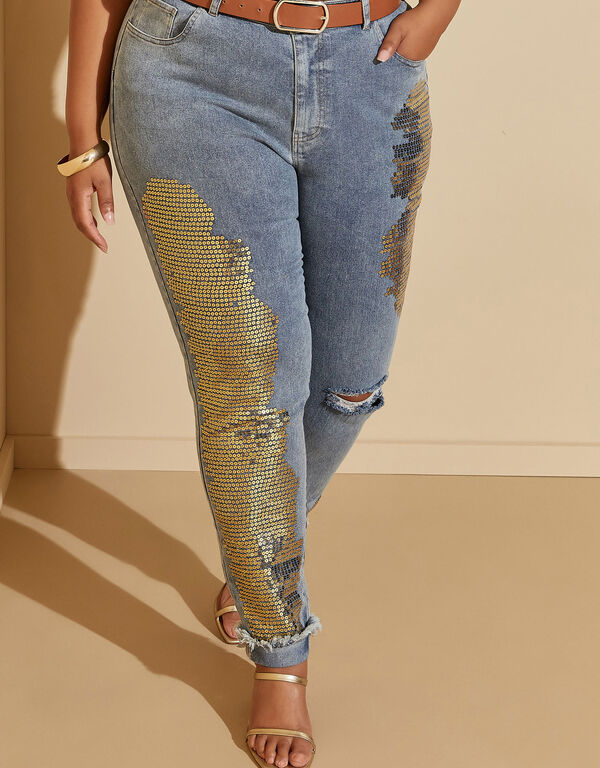 Distressed Sequined Skinny Jeans, Dk Rinse image number 0