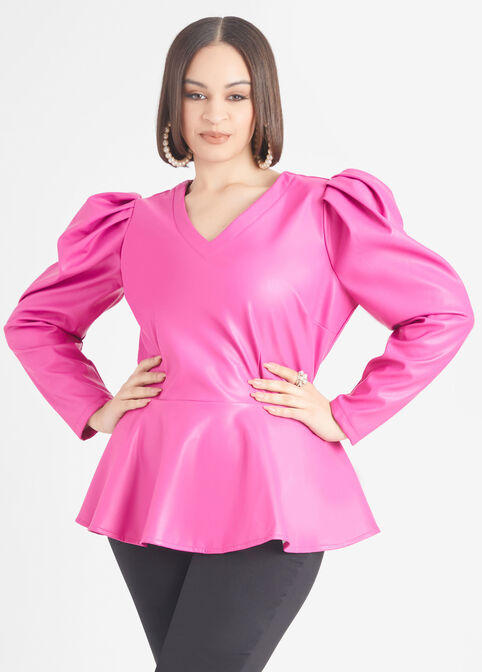 Plus Size Belted Faux Leather Vegan Leather Plus Size Peplum Top image number 0
