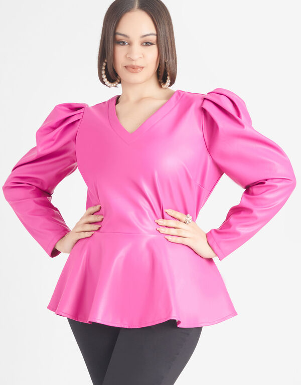 Faux Leather Peplum Top, Fuchsia Red image number 0