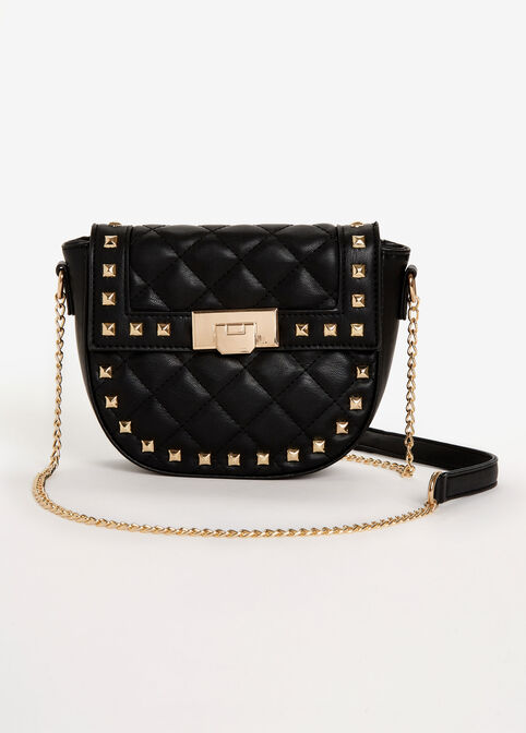 Studded Quilted Faux Leather Bag, Black image number 0