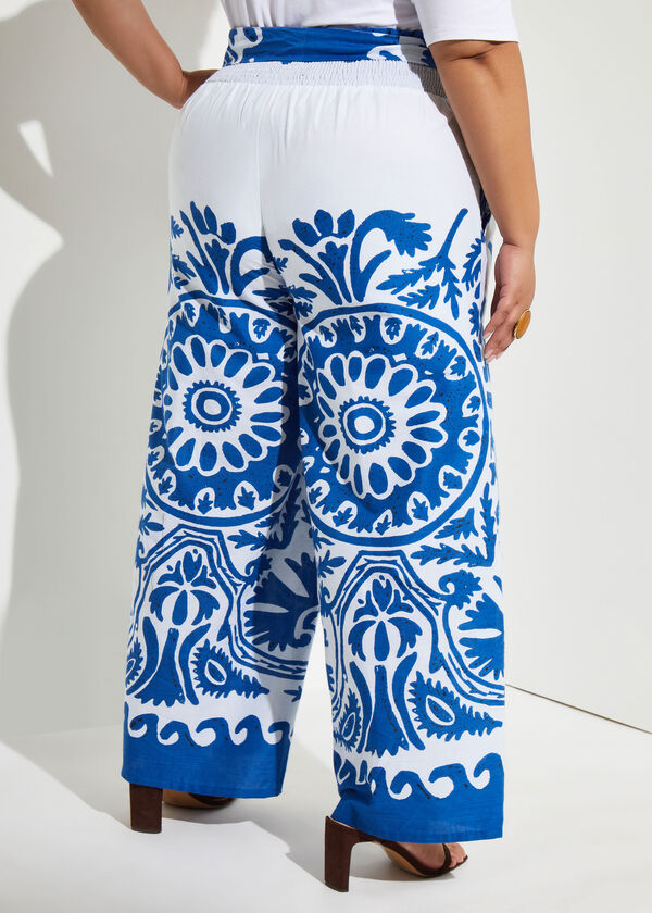 Printed Cotton Wide Leg Pants, White image number 1