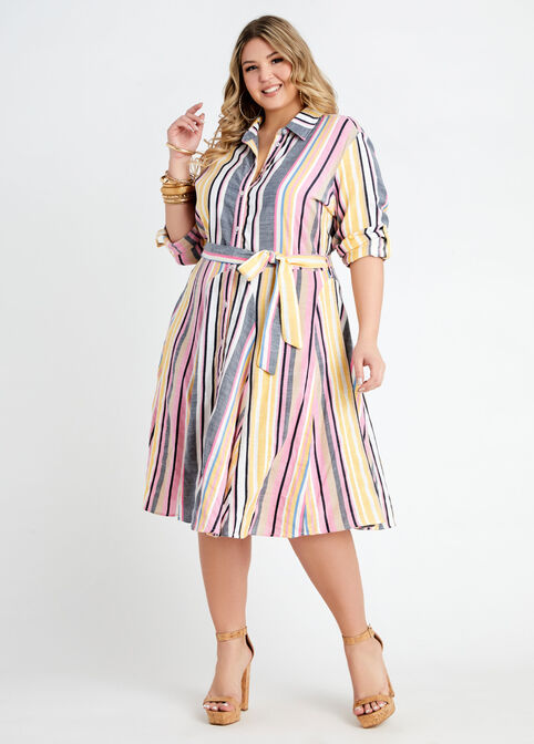 Belted Stripe Cotton Shirtdress, Multi image number 0