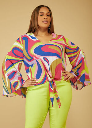 Bell Sleeved Swirl Print Blouse, Pink Peacock image number 0