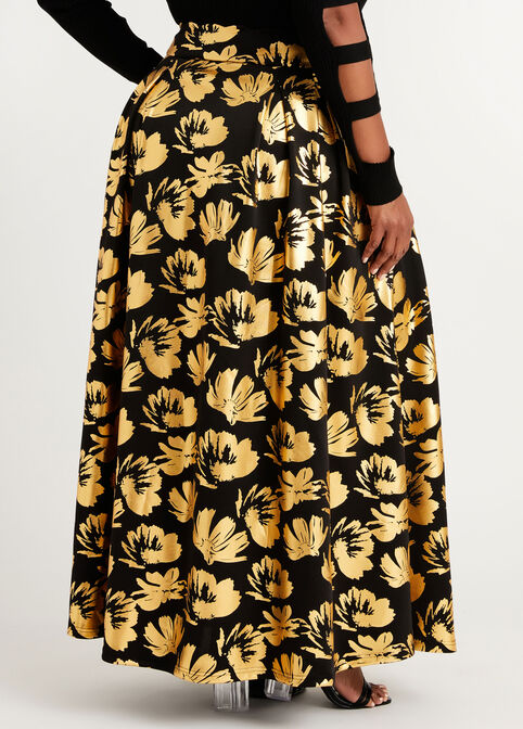 Gold Foil Floral Scuba Midi Skirt, Gold image number 1