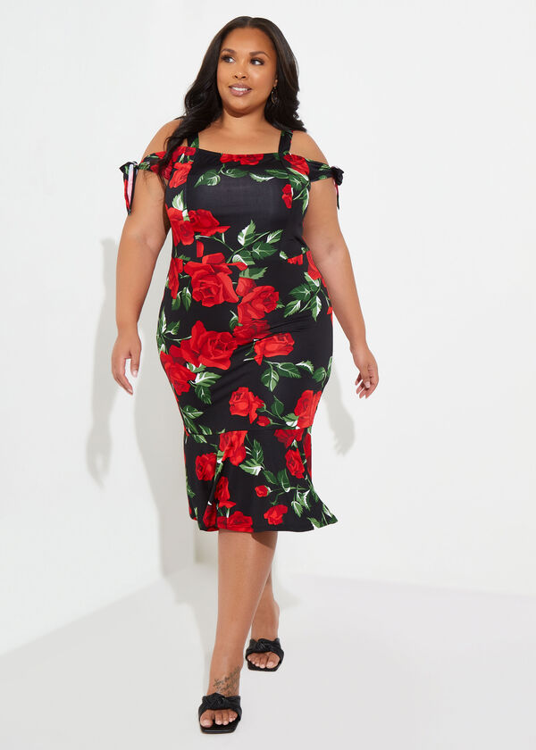 Knotted Floral Bodycon Dress, Black Combo image number 4