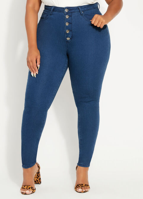 Blue 5 Button Skinny Jean, Dk Rinse image number 0