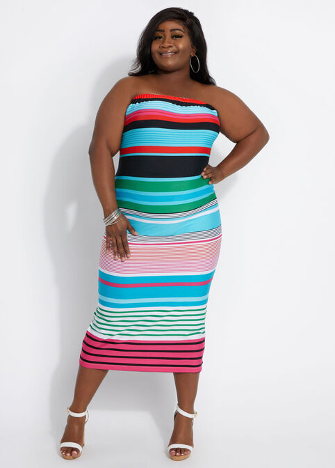 Stripe Bodycon Tube Midi Dress, Multi image number 0
