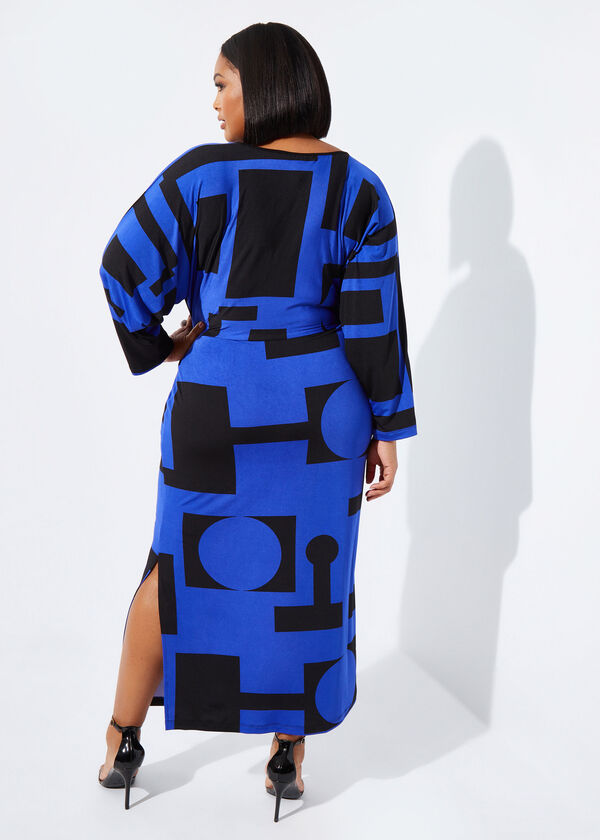 Short Printed Faux Wrap Maxi Dress, Bluing image number 1