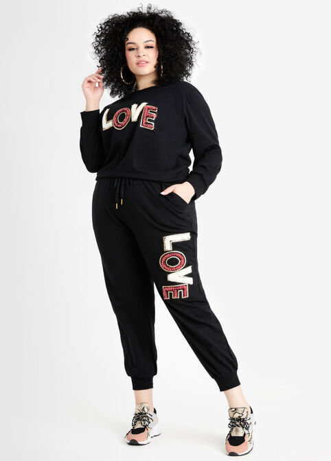 Pearl Sequin Love Graphic Joggers, Black image number 2