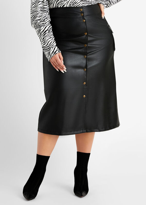Faux Leather Front Snap Skirt, Black image number 0