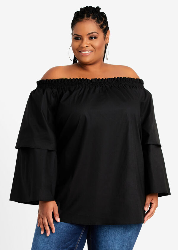 Plus Size Off The Shoulder Tiered Flare Sleeve Peasant Tunic Top