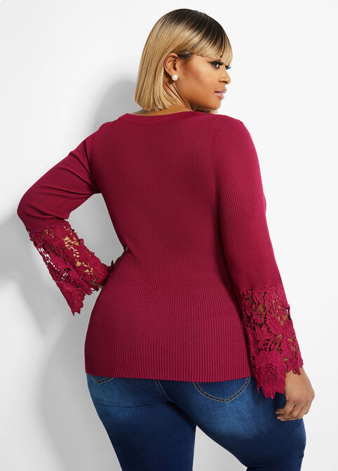 Boat Neck Lace Flare Cuff Sweater, Cerise image number 1