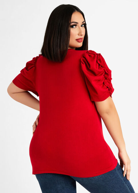 Ruched Ruffle Puff Sleeve Sweater, Barbados Cherry image number 1