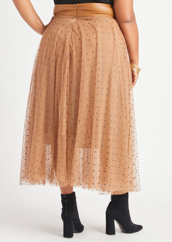 Belted Polka Dot Mesh Maxi Skirt, Tan image number 1