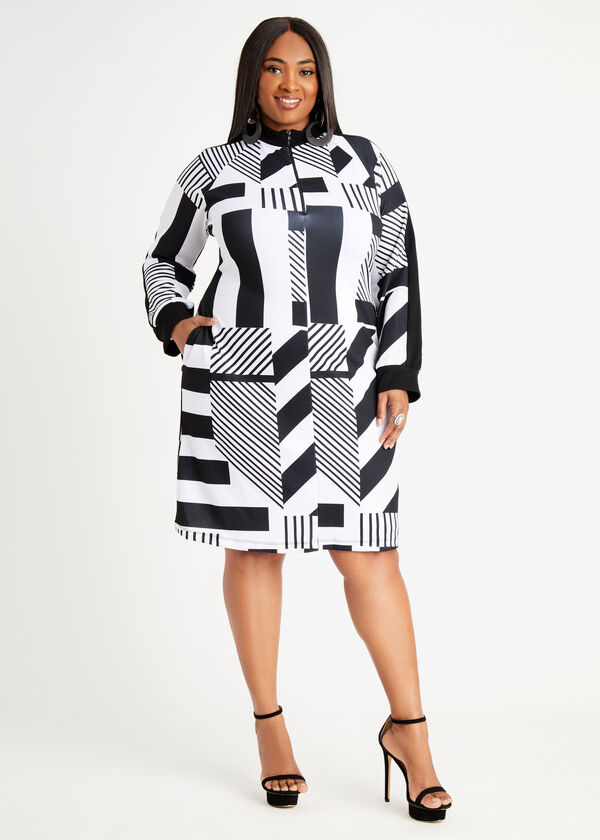 Stripe Half Zip Pique Knit Dress, Black White image number 2