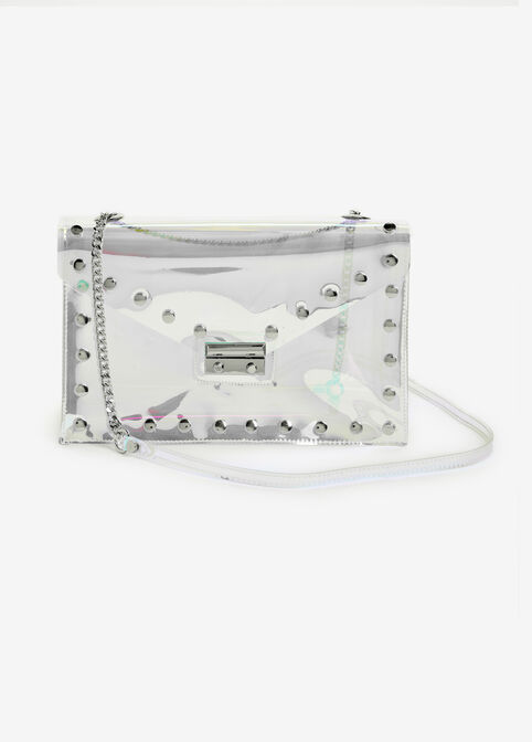 Studded Clear Chain Link Flap Bag, Clear image number 0